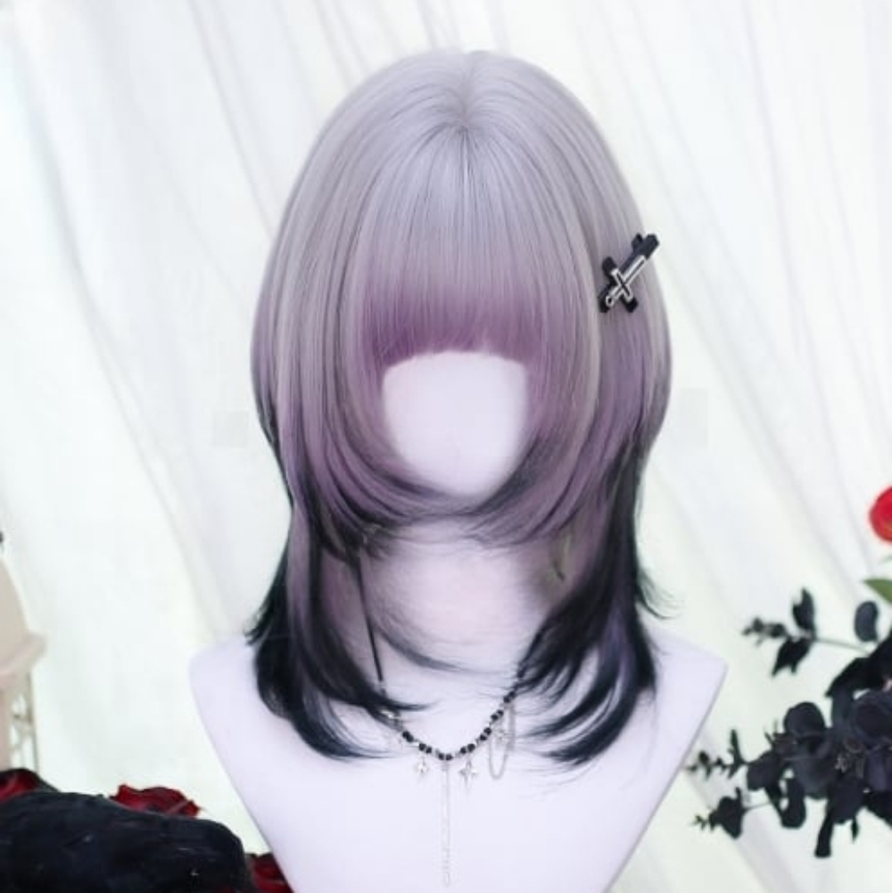 Purple, White, & Black Banged Wig